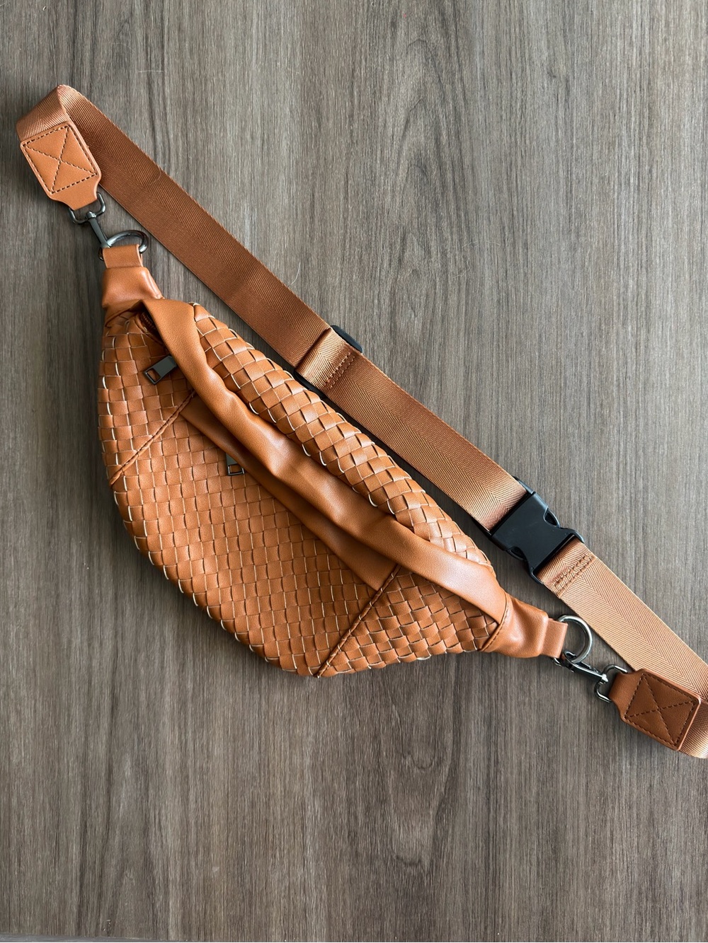 Woven Tan Leather Belt Bag with Adjustable Strap